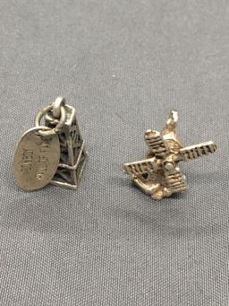 Lot of Two Detailed Sterling Silver Charms, One Windmill & One Oil Tower