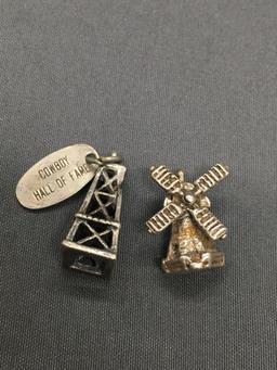 Lot of Two Detailed Sterling Silver Charms, One Windmill & One Oil Tower