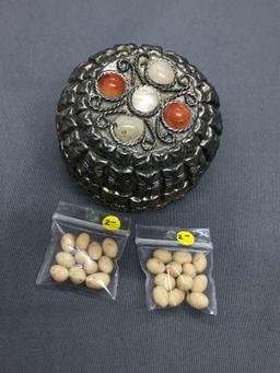 One Handmade East Indian Styled Silver-Tone Alloy 2in Diameter Pill Box & Two Bags of Beads