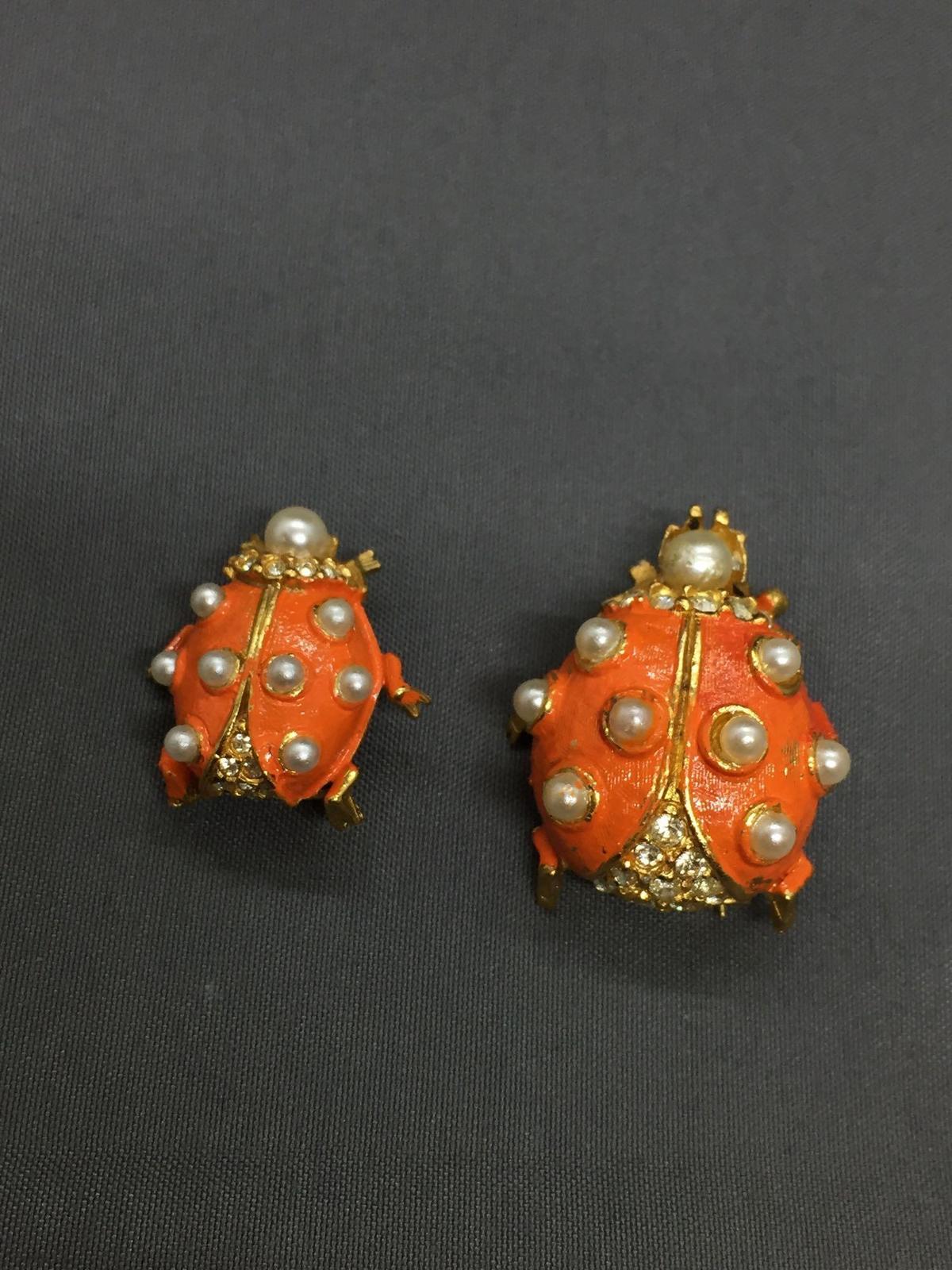 Lot of Two Matched Set Faux Pearl Accented & Enameled Ladybug Design Alloy Fashion Brooches, One