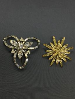 Lot of Two Floral Design Fashion CZ Accented Alloy Brooches One 50mm Diameter & One 55mm Diameter