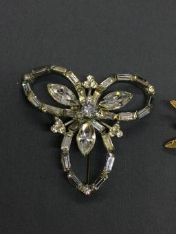 Lot of Two Floral Design Fashion CZ Accented Alloy Brooches One 50mm Diameter & One 55mm Diameter