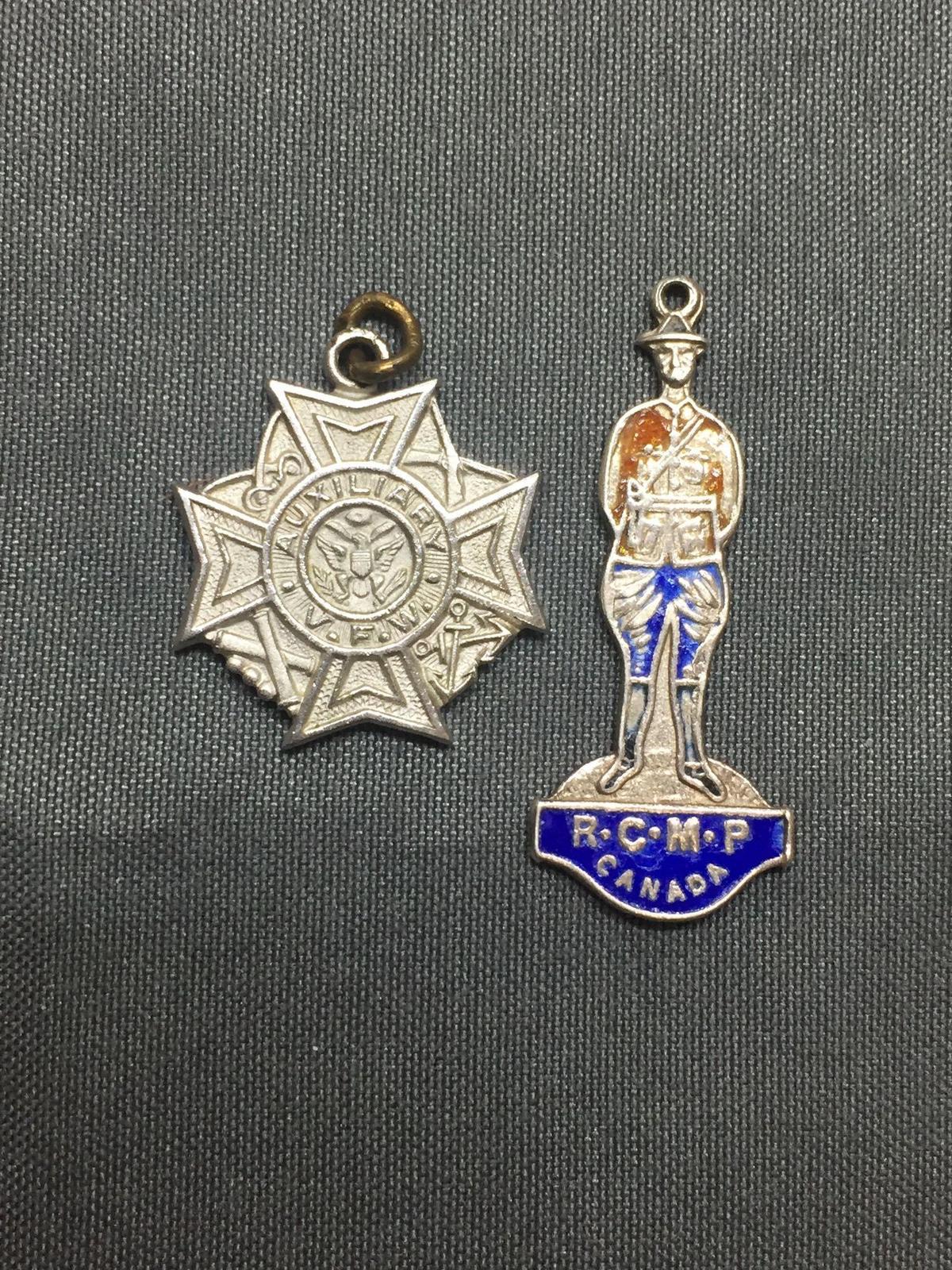Lot of Two Sterling Silver Charms, One RCMP Canada Figurine & One VFW Auxiliary