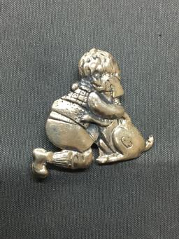 Signed Designer High Polished Child w/ Puppy Motif 30mm Tall x 32mm Wide Sterling Silver Brooch