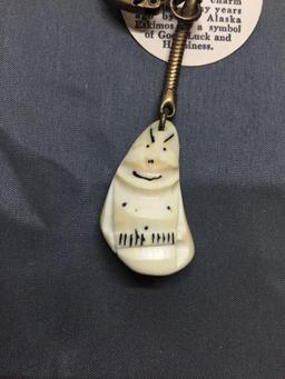 Miniature Eskimo Billiken Carved Design Walrus Ivory 3.25in Long Keychain