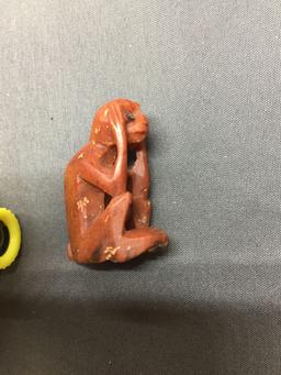 Lot of Two, One 1.5in Long x 1.0in Wide Carved Stone Monkey & Yellow Plastic SpongeBob SquarePants