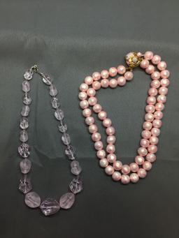 Lot of Two Rose-Tone Hand-Beaded Fashion Necklaces, One 16in Resin Bead & One 16in Double Strand