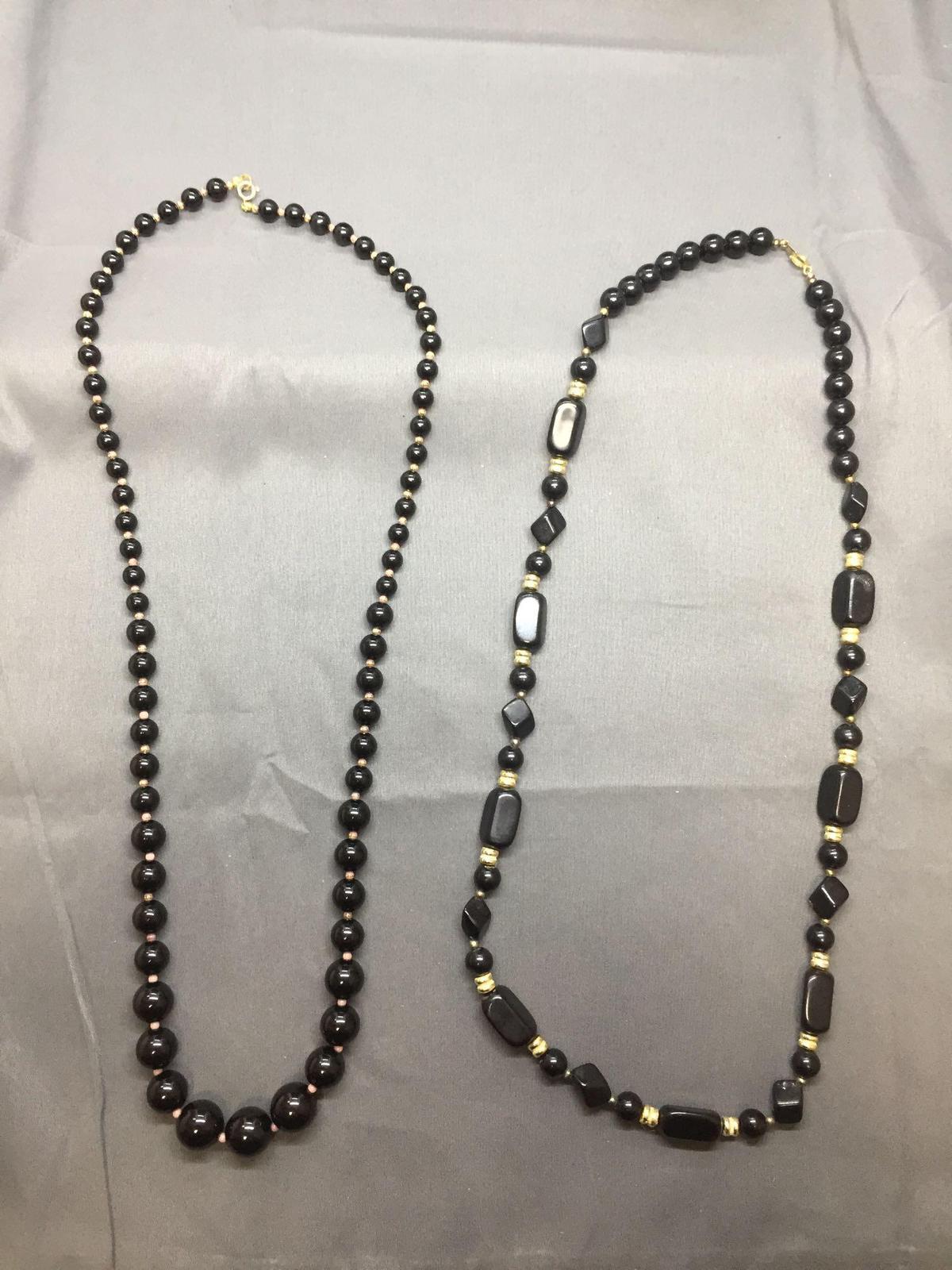 Lot of Two Alternating Black & Gold-Tone Bead Hand-Strung Fashion Necklaces, One 32in & One 30in