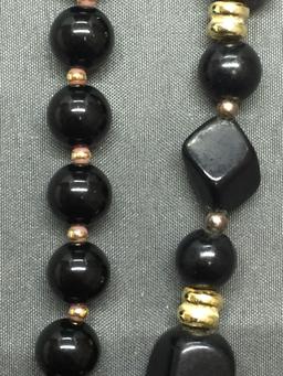 Lot of Two Alternating Black & Gold-Tone Bead Hand-Strung Fashion Necklaces, One 32in & One 30in