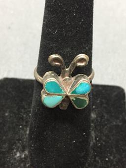 Multi-Colored Turquoise Inlaid 18x16mm Butterfly Design Top Sterling Silver Ring Band