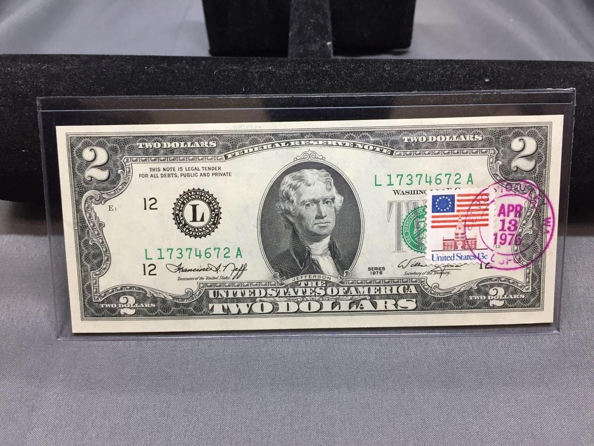 Very Rare 1976 United States Jefferson $2 Bill Note with April 13, 1776 Stamp - Uncirculated