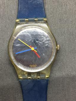 Vintage Women's Swatch Watch with Mirror Face with Blue Band - NEW BATTERY - Runs Well