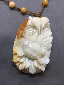 Ornate Asian Detailed Hand-Carved Oval 75x45mm Orange & White Jade Flower Bouquet Pendant w/ Jade