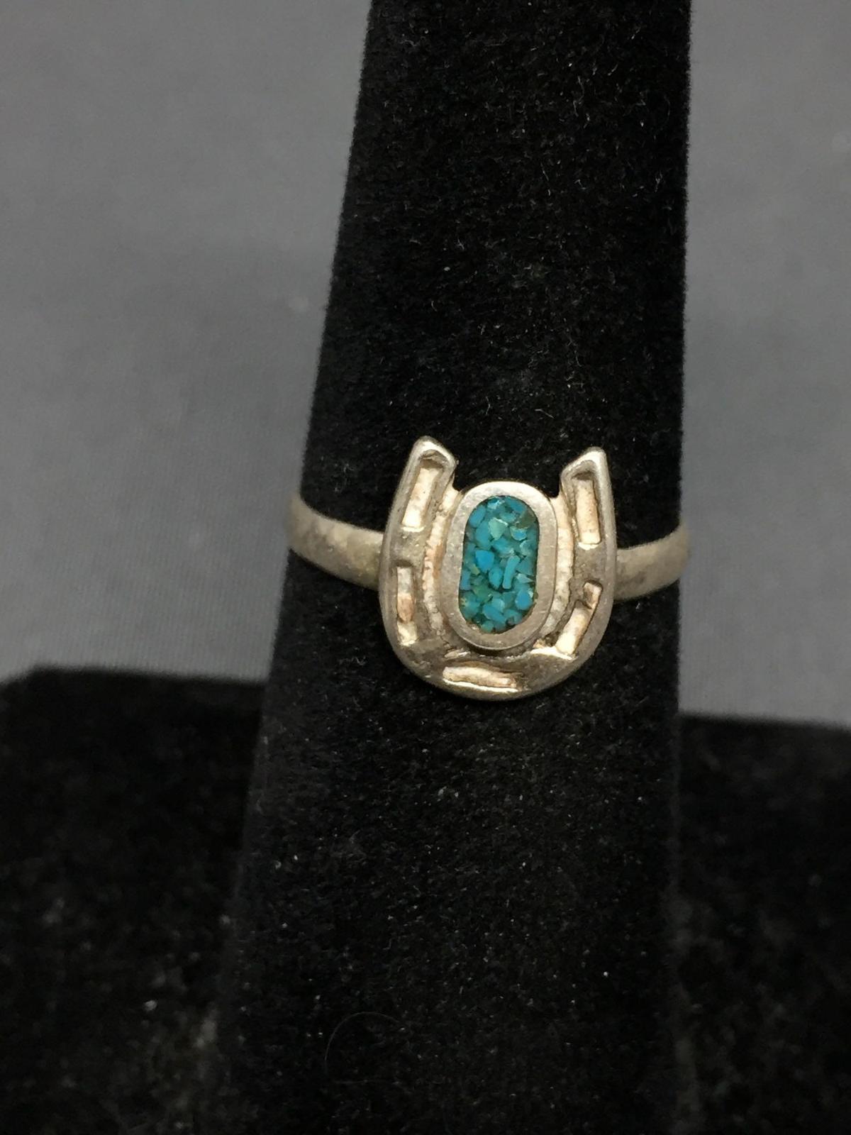 Turquoise Inlaid 10x9mm Lucky Horseshoe Motif Sterling Silver Ring Band