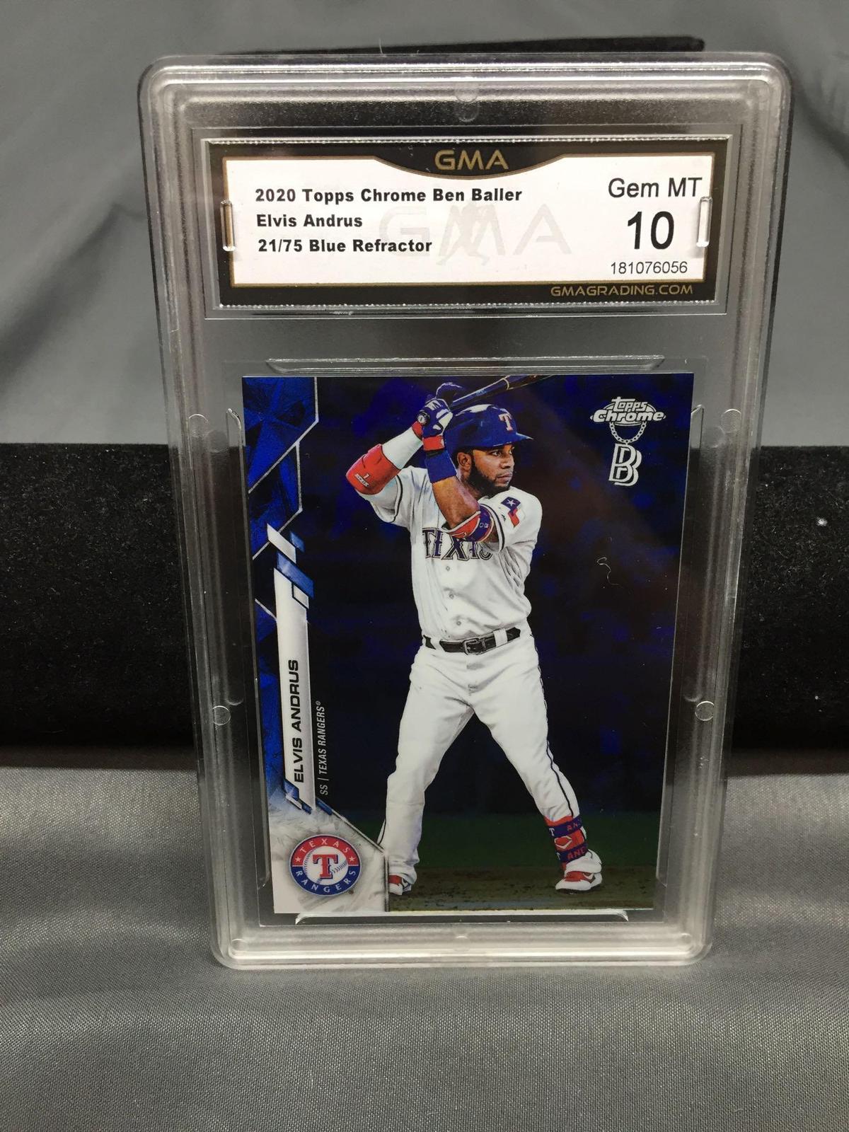 GMA Graded 2020 Topps Chrome Ben Baller Blue Refractor ELVIS ANDRUS Rangers Baseball Card /75 - GEM