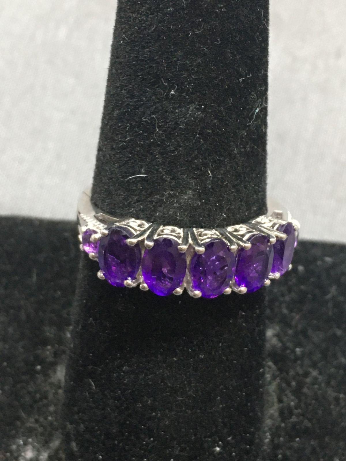 Five Oval Faceted 6x4mm Amethyst Centers w/ Round Sides Sterling Silver Band