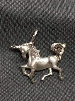 Brush Finish w/ Carving Detail 25mm Wide 20mm Tall Sterling Silver Signed Designer Unicorn Pendant