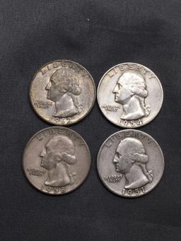 4 Count Lot of 90% Silver United States Washington Quarters from Huge Store Hoard