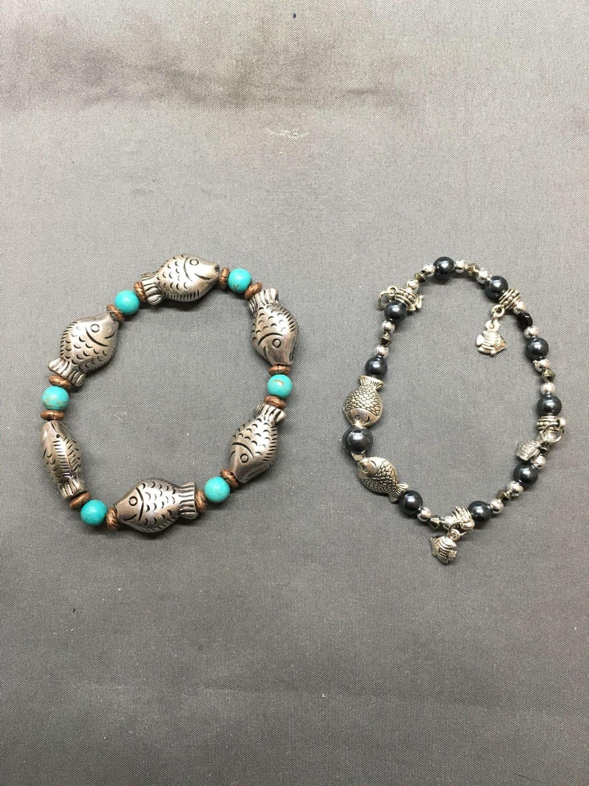 Lot of Two Gemstone Beaded 7in Long Bracelets w/ Fish Themed Spacers, One Smaller w/ Hematite & One