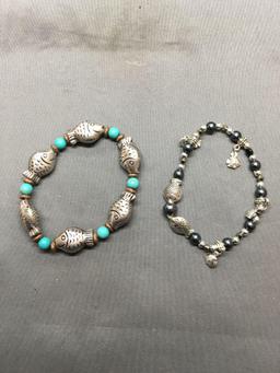 Lot of Two Gemstone Beaded 7in Long Bracelets w/ Fish Themed Spacers, One Smaller w/ Hematite & One