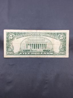 1963 United States Lincoln $5 Red Seal Bill Currency Note from Estate