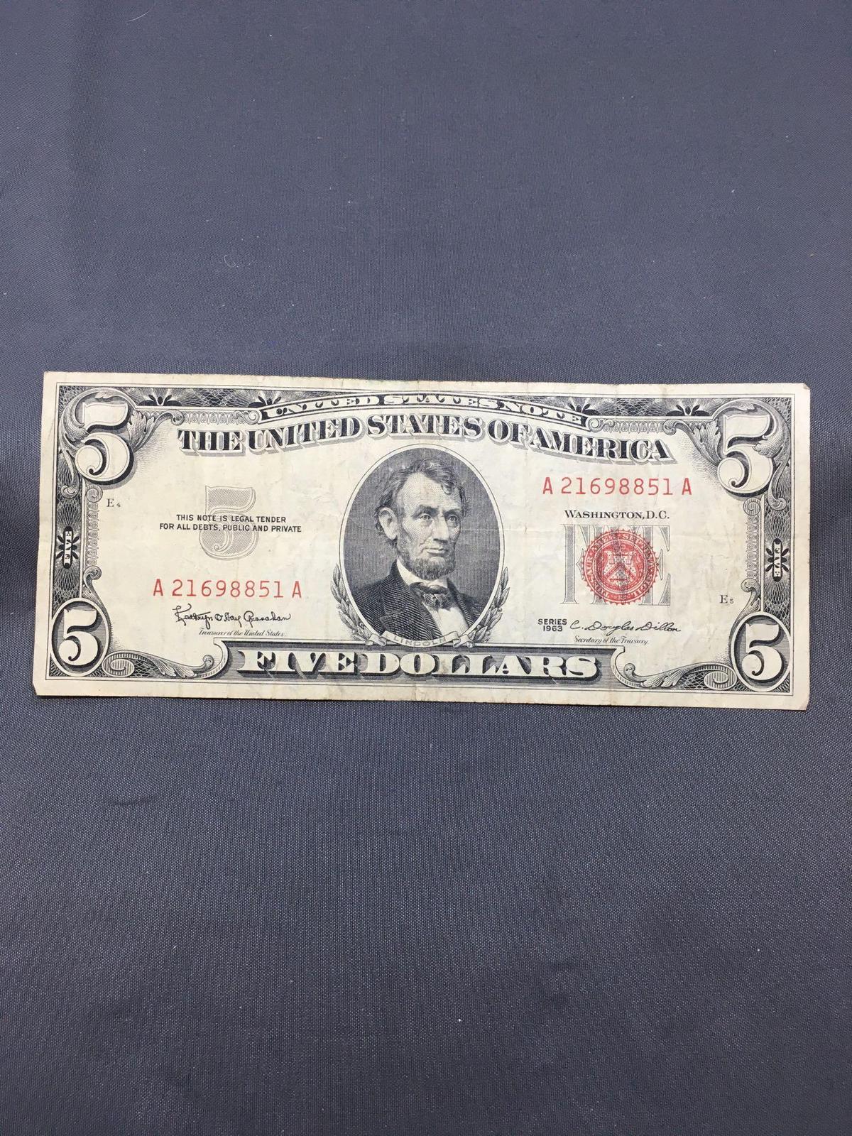 1963 United States Lincoln $5 Red Seal Bill Currency Note from Estate