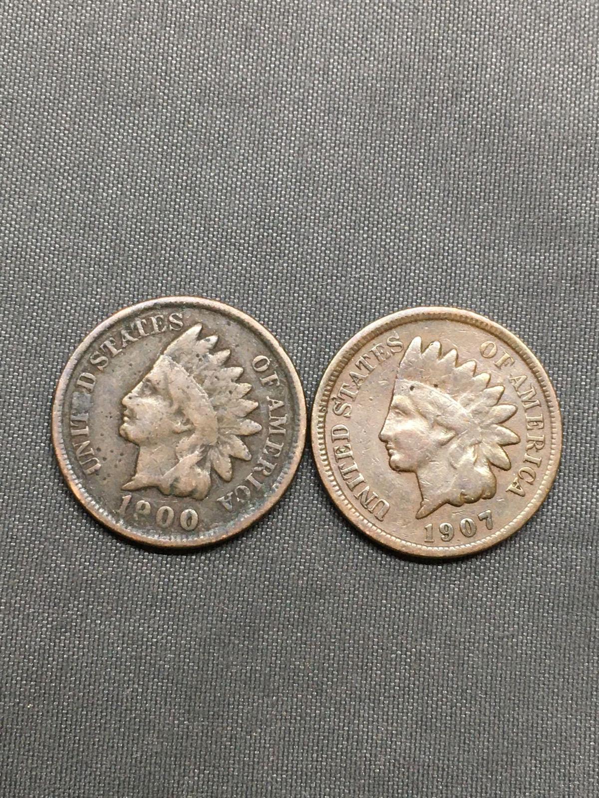 2 Count Lot of United States Indian Head Penny Cent Coins from Estate - 1900 & 1907