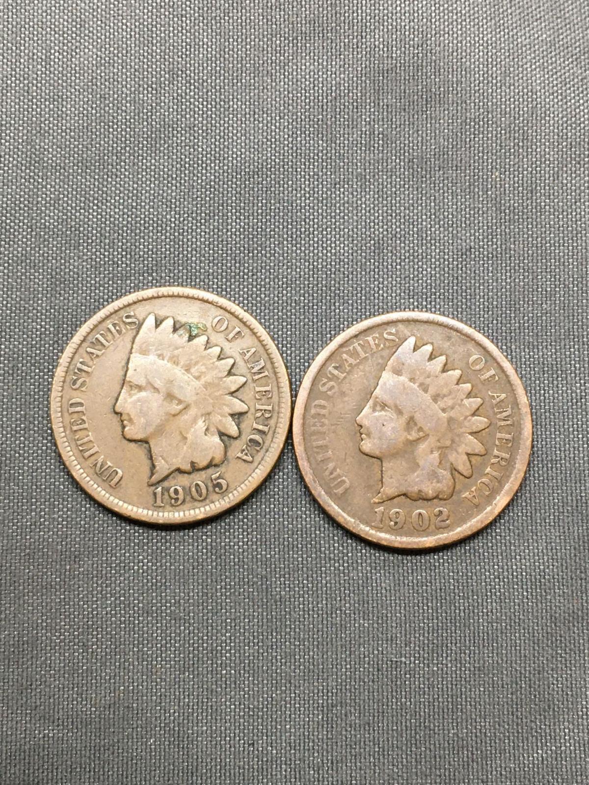 2 Count Lot of United States Indian Head Penny Cent Coins from Estate - 1902 & 1905
