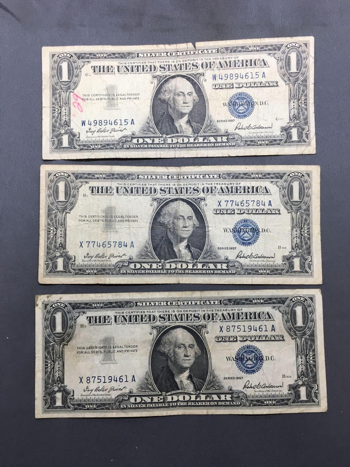 3 Count Lot of 1957 United States Washington $1 Silver Certificates - Bill Currency Notes