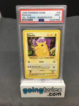 PSA Graded 1999 Pokemon Base Set Shadowless #58 PIKACHU Yellow Cheeks Trading Card - MINT 9