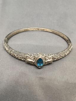 Marquise Faceted 10x5mm Blue Topaz Center w/ CZ Accented Butterfly & Filigree Detailed 3in Diameter