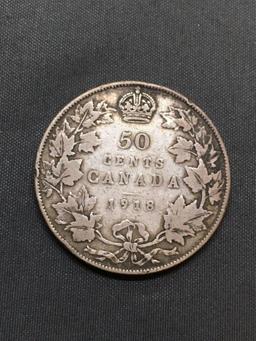1918 Canada Silver Half Dollar - 92.5% Silver Coin from Estate - 0.3456 Ounces ASW