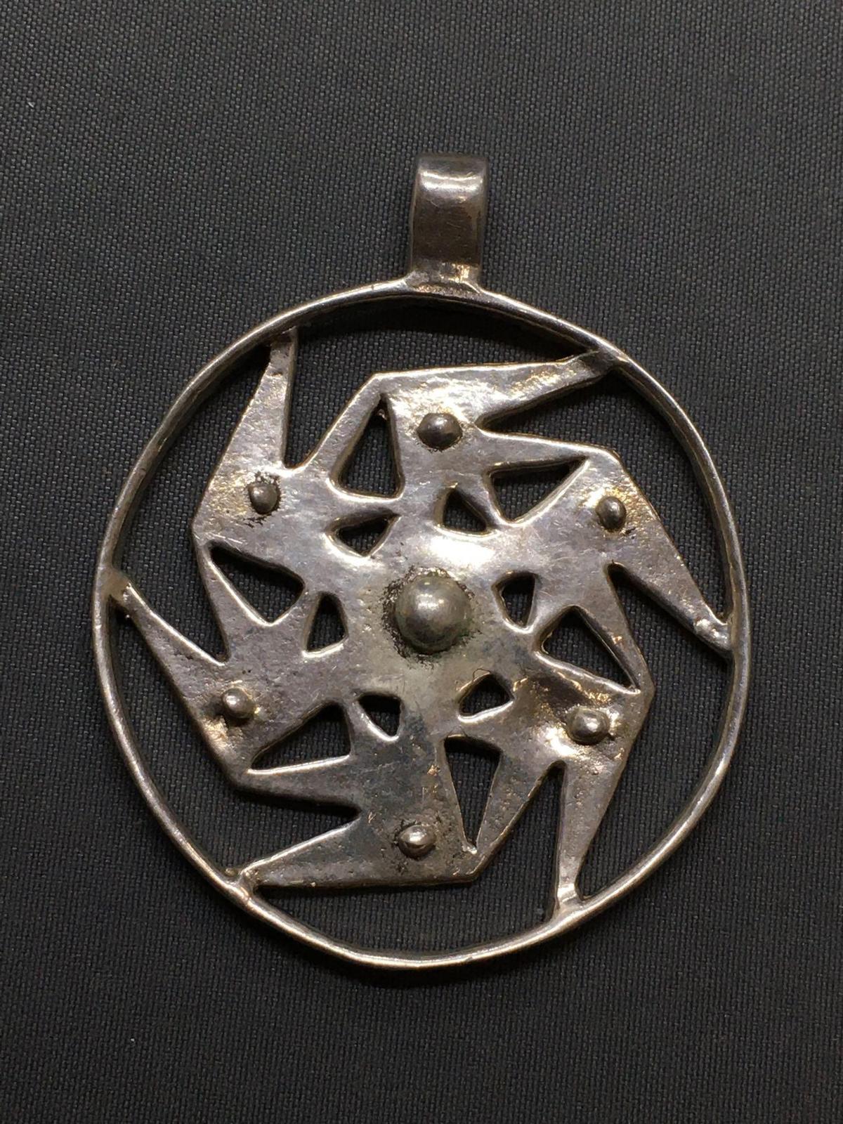 Round 42mm Diameter Six Point Pinwheel Design Sterling Silver Pendant