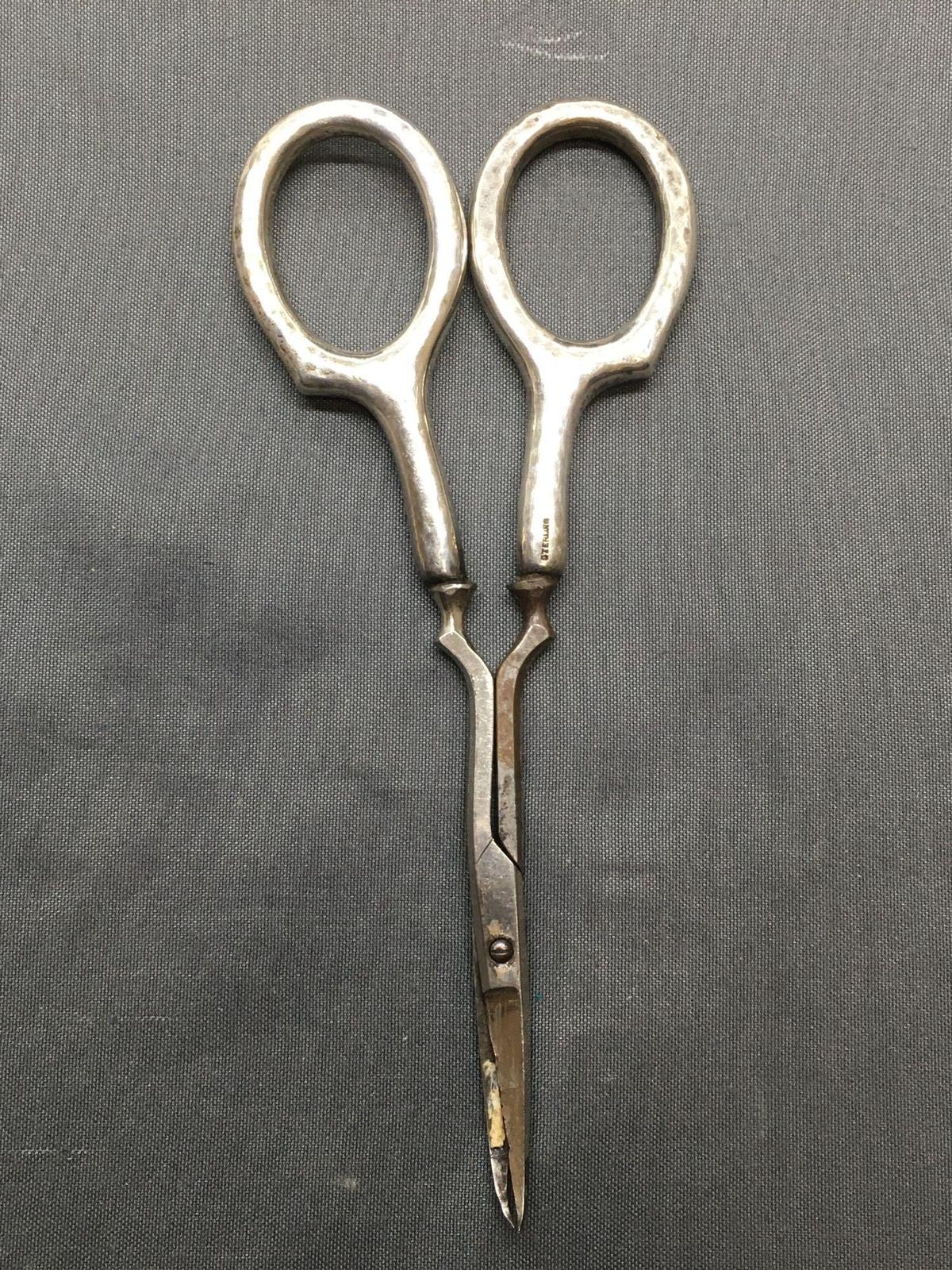 Hammer Finished 5in Long 2in Wide Vintage Pair of Sterling Silver Manicure Scissors