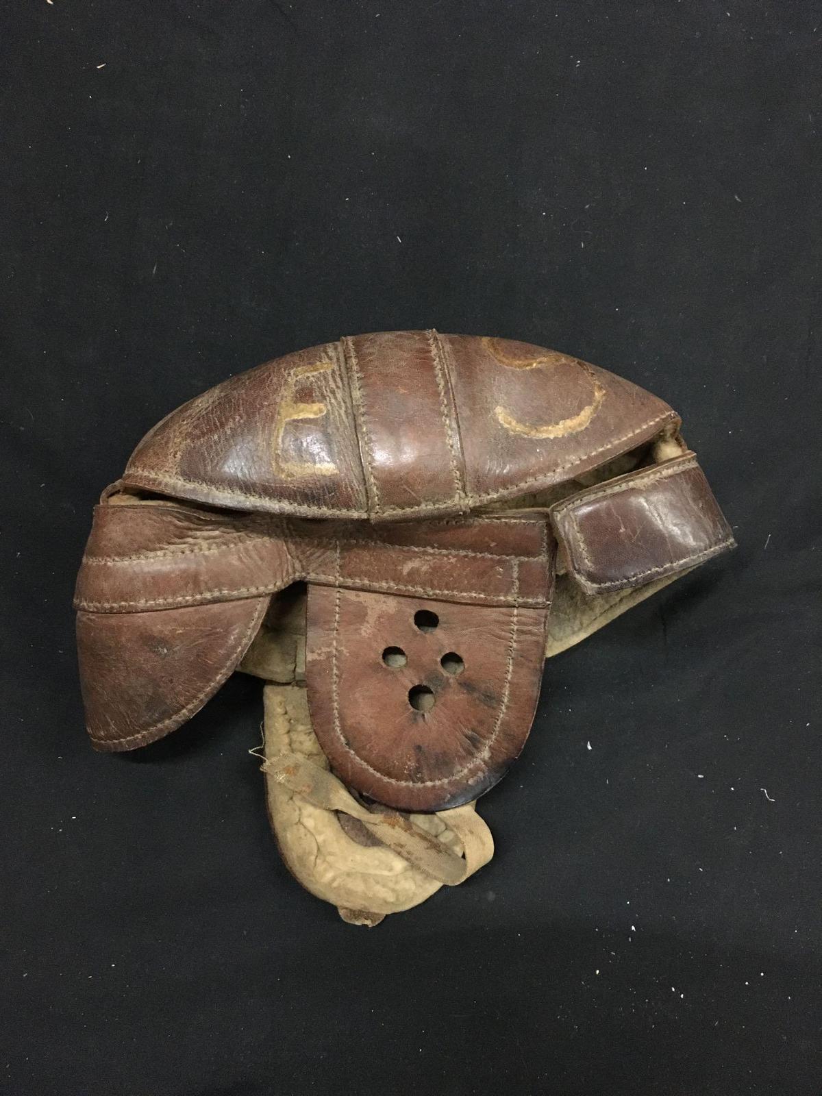 Vintage Brown Leather Football Helmet from the Early Days of Football - RARE