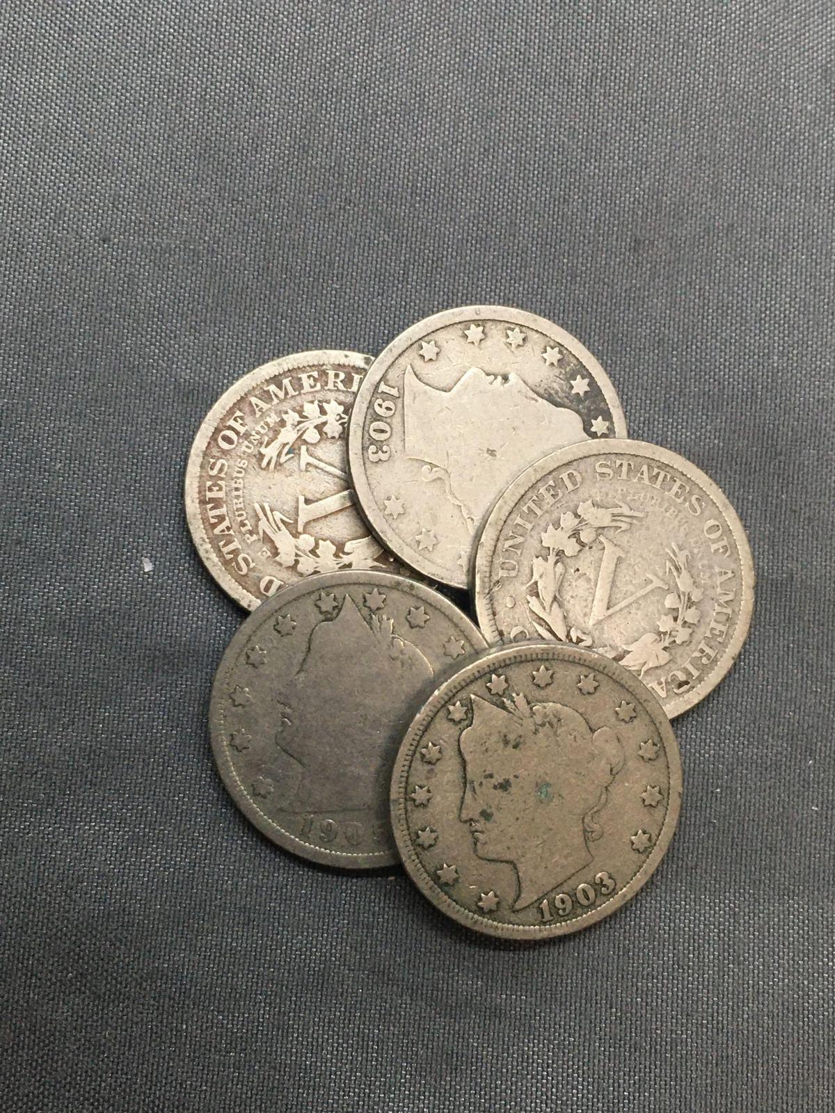 5 Count Lot of United States Liberty V Nickels - Coins from Estate