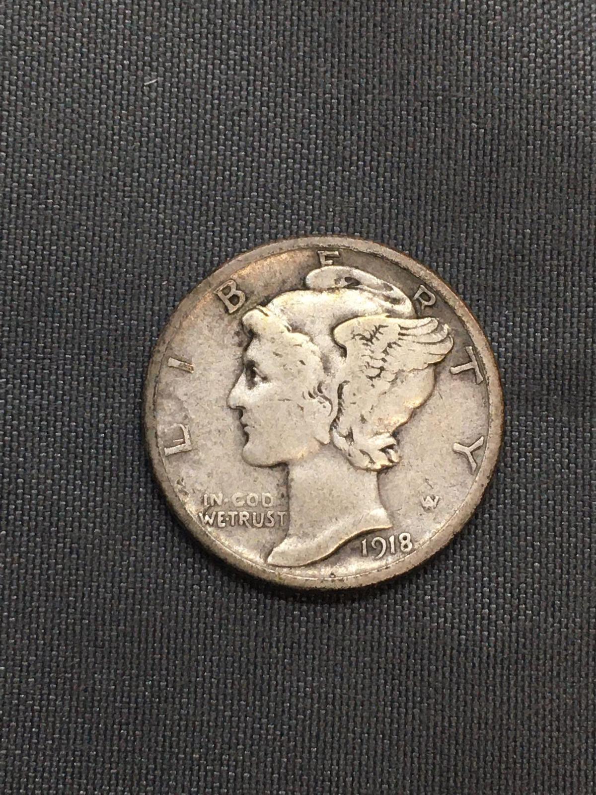 1918-D United States Mercury Silver Dime - 90% Silver Coin from Estate