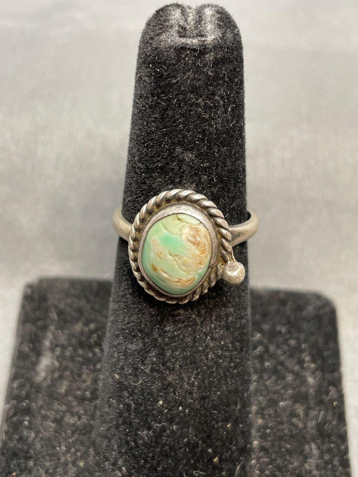 Rope Frame Detailed 10x9mm Turquoise Cabochon Center Sterling Silver Ring Band