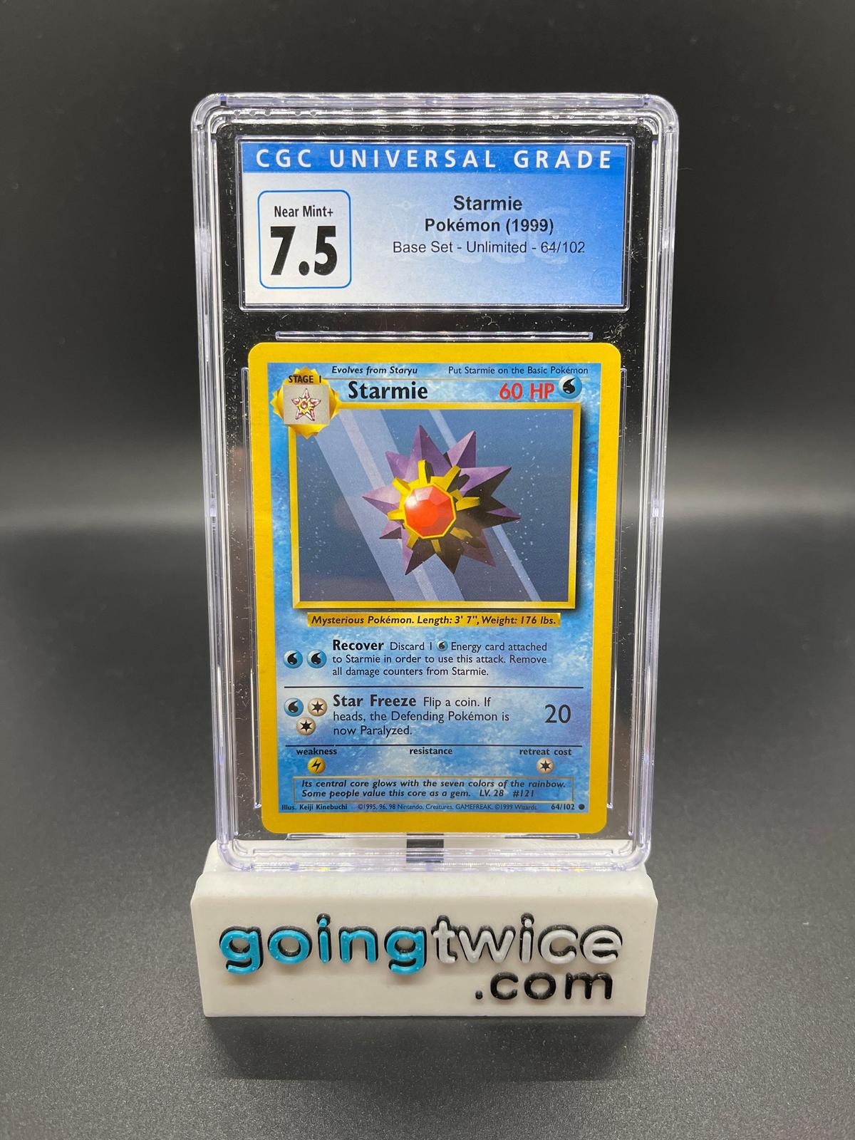 CGC Graded 1999 Pokemon Base Set Unlimited #64 STARMIE Trading Card - NEAR MINT+ 7.5