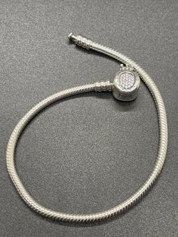 Pandora Sterling Snake Chain Crown O Cz Clasp Charm Bracelet 7.75 inch