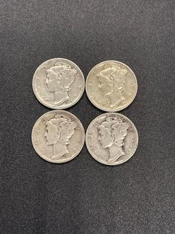 Lot of 4 Mercury 90% Silver Dimes From Large Collection