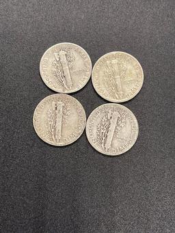 Lot of 4 Mercury 90% Silver Dimes From Large Collection