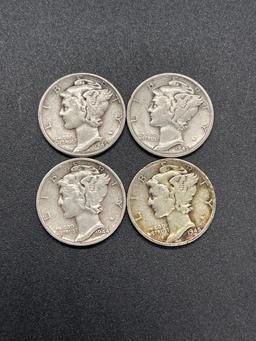 Mixed LOT of 4 Mercury 90% Silver Dimes From Large Collection