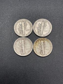 Mixed LOT of 4 Mercury 90% Silver Dimes From Large Collection