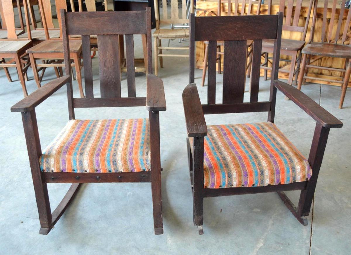 Pair of Vintage Rocking Chairs with Reupholstered Seats