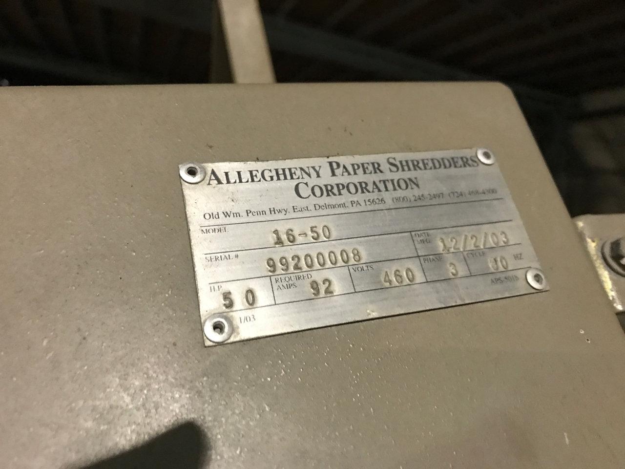 Allegheny Paper Shredders Corporation Model 16-50 with 50 HP Motor