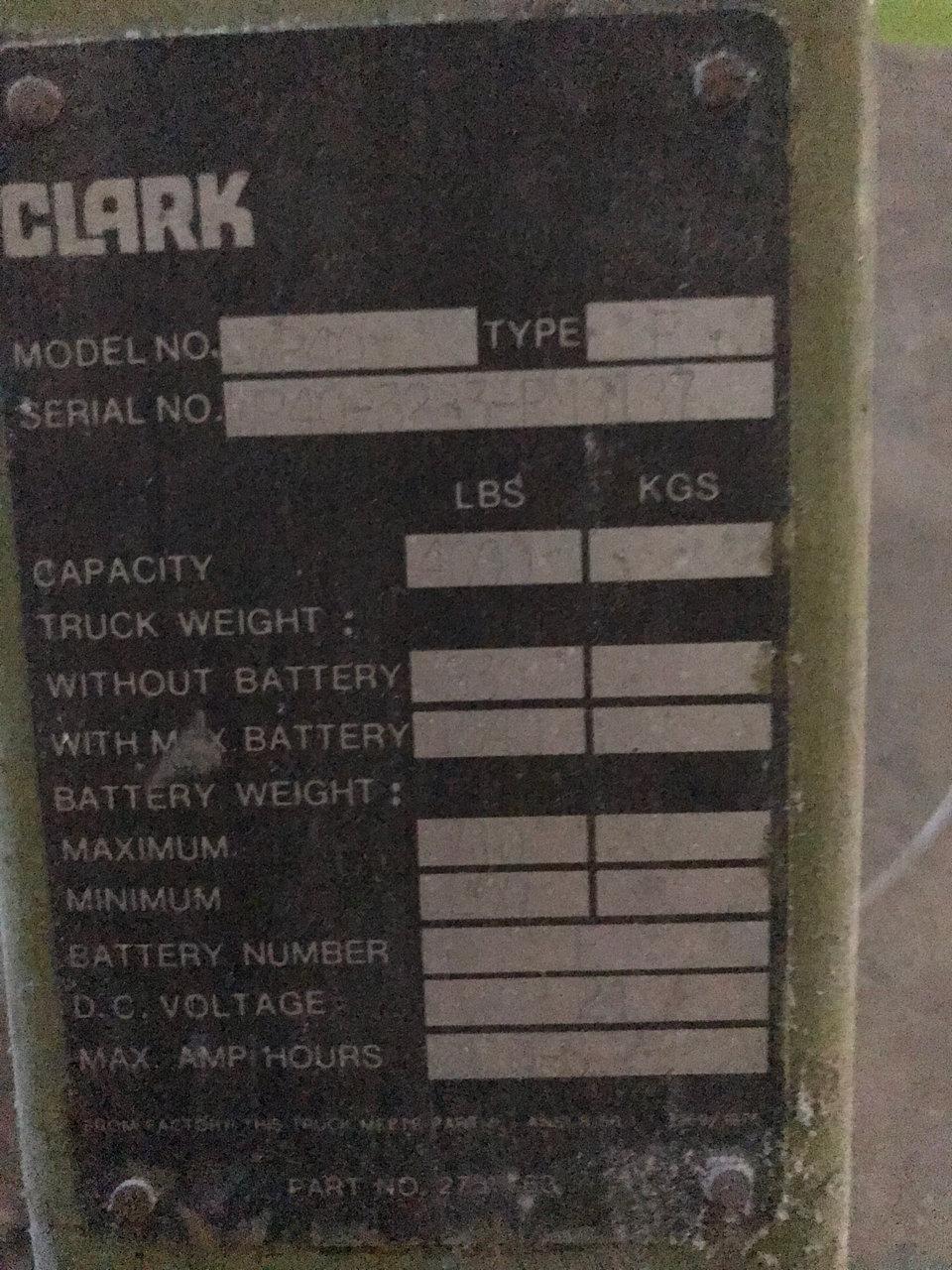 Clark Walk Behind Motorized pallet jack with built in charger.  NEEDS BATTERIES REPLACED