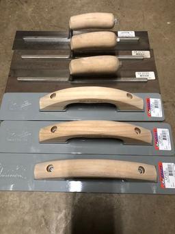 (6) brand new wood handled steel and smooth trowels