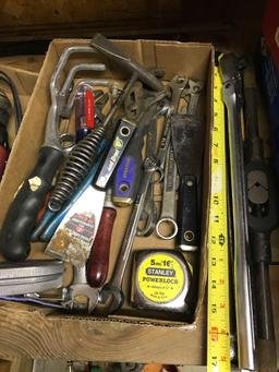Flat of Hand Tools, includes an 18 inch Craftsman 3/8 ratchet, and more