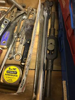 Flat of Hand Tools, includes an 18 inch Craftsman 3/8 ratchet, and more